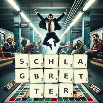 Kreative Illustration für ein Scrabble-Spiel, bei dem das Wort SCHLAGBRETTER mit Steinen auf dem Brett gelegt wurde.