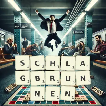 Kreative Illustration für ein Scrabble-Spiel, bei dem das Wort SCHLAGBRUNNEN mit Steinen auf dem Brett gelegt wurde.
