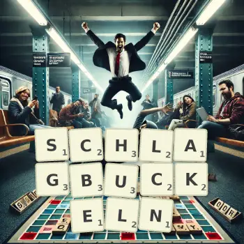 Kreative Illustration für ein Scrabble-Spiel, bei dem das Wort SCHLAGBUCKELN mit Steinen auf dem Brett gelegt wurde.