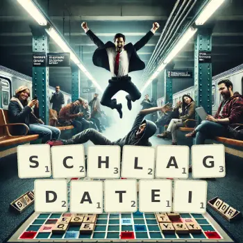 Kreative Illustration für ein Scrabble-Spiel, bei dem das Wort SCHLAGDATEI mit Steinen auf dem Brett gelegt wurde.