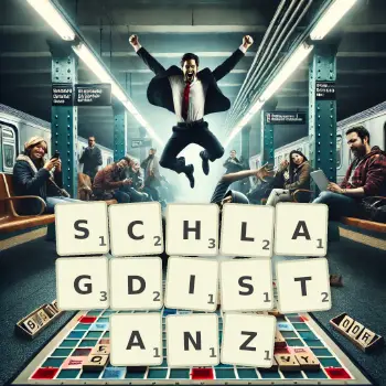 Kreative Illustration für ein Scrabble-Spiel, bei dem das Wort SCHLAGDISTANZ mit Steinen auf dem Brett gelegt wurde.