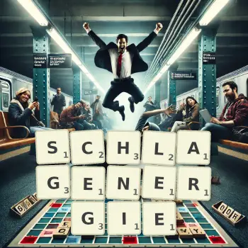 Kreative Illustration für ein Scrabble-Spiel, bei dem das Wort SCHLAGENERGIE mit Steinen auf dem Brett gelegt wurde.