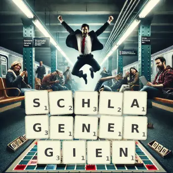 Kreative Illustration für ein Scrabble-Spiel, bei dem das Wort SCHLAGENERGIEN mit Steinen auf dem Brett gelegt wurde.