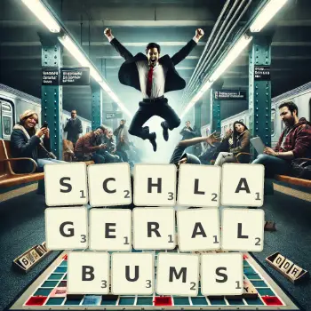 Kreative Illustration für ein Scrabble-Spiel, bei dem das Wort SCHLAGERALBUMS mit Steinen auf dem Brett gelegt wurde.