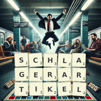 Kreative Illustration für ein Scrabble-Spiel, bei dem das Wort SCHLAGERARTIKEL mit Steinen auf dem Brett gelegt wurde.