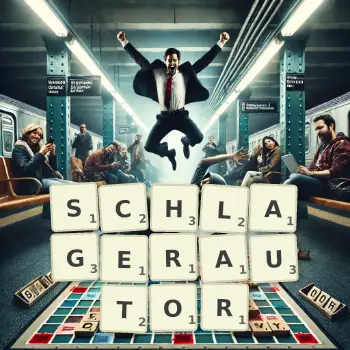Kreative Illustration für ein Scrabble-Spiel, bei dem das Wort SCHLAGERAUTOR mit Steinen auf dem Brett gelegt wurde.