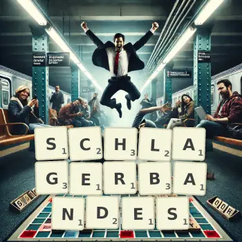 Kreative Illustration für ein Scrabble-Spiel, bei dem das Wort SCHLAGERBANDES mit Steinen auf dem Brett gelegt wurde.