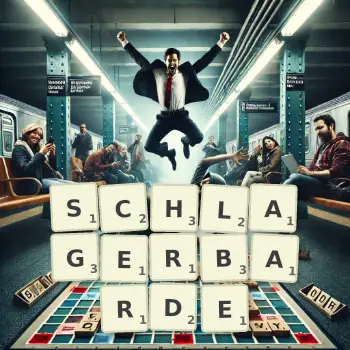 Kreative Illustration für ein Scrabble-Spiel, bei dem das Wort SCHLAGERBARDE mit Steinen auf dem Brett gelegt wurde.