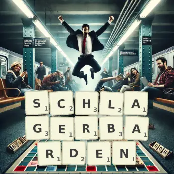 Kreative Illustration für ein Scrabble-Spiel, bei dem das Wort SCHLAGERBARDEN mit Steinen auf dem Brett gelegt wurde.