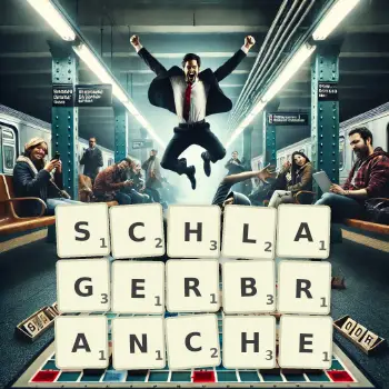 Kreative Illustration für ein Scrabble-Spiel, bei dem das Wort SCHLAGERBRANCHE mit Steinen auf dem Brett gelegt wurde.
