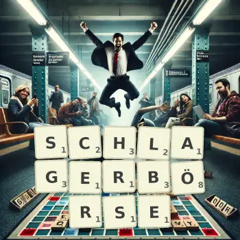 Kreative Illustration für ein Scrabble-Spiel, bei dem das Wort SCHLAGERBÖRSE mit Steinen auf dem Brett gelegt wurde.