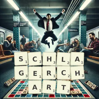 Kreative Illustration für ein Scrabble-Spiel, bei dem das Wort SCHLAGERCHART mit Steinen auf dem Brett gelegt wurde.