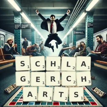 Kreative Illustration für ein Scrabble-Spiel, bei dem das Wort SCHLAGERCHARTS mit Steinen auf dem Brett gelegt wurde.