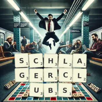 Kreative Illustration für ein Scrabble-Spiel, bei dem das Wort SCHLAGERCLUBS mit Steinen auf dem Brett gelegt wurde.