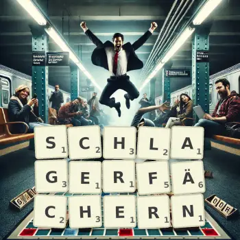 Kreative Illustration für ein Scrabble-Spiel, bei dem das Wort SCHLAGERFÄCHERN mit Steinen auf dem Brett gelegt wurde.