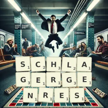 Kreative Illustration für ein Scrabble-Spiel, bei dem das Wort SCHLAGERGENRES mit Steinen auf dem Brett gelegt wurde.