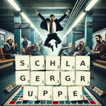 Kreative Illustration für ein Scrabble-Spiel, bei dem das Wort SCHLAGERGRUPPE mit Steinen auf dem Brett gelegt wurde.