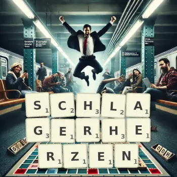 Kreative Illustration für ein Scrabble-Spiel, bei dem das Wort SCHLAGERHERZEN mit Steinen auf dem Brett gelegt wurde.