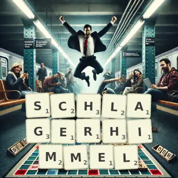 Kreative Illustration für ein Scrabble-Spiel, bei dem das Wort SCHLAGERHIMMEL mit Steinen auf dem Brett gelegt wurde.
