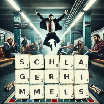 Kreative Illustration für ein Scrabble-Spiel, bei dem das Wort SCHLAGERHIMMELS mit Steinen auf dem Brett gelegt wurde.