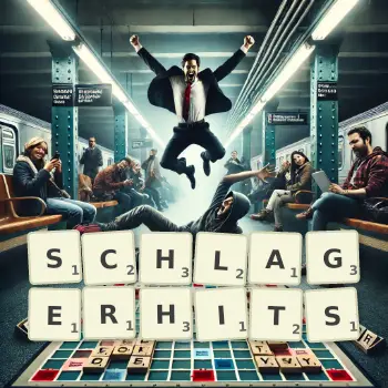 Kreative Illustration für ein Scrabble-Spiel, bei dem das Wort SCHLAGERHITS mit Steinen auf dem Brett gelegt wurde.