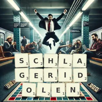 Kreative Illustration für ein Scrabble-Spiel, bei dem das Wort SCHLAGERIDOLEN mit Steinen auf dem Brett gelegt wurde.
