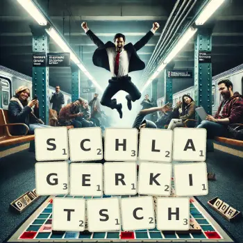 Kreative Illustration für ein Scrabble-Spiel, bei dem das Wort SCHLAGERKITSCH mit Steinen auf dem Brett gelegt wurde.