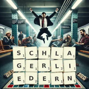 Kreative Illustration für ein Scrabble-Spiel, bei dem das Wort SCHLAGERLIEDERN mit Steinen auf dem Brett gelegt wurde.