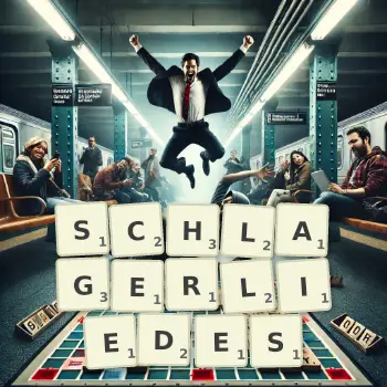 Kreative Illustration für ein Scrabble-Spiel, bei dem das Wort SCHLAGERLIEDES mit Steinen auf dem Brett gelegt wurde.