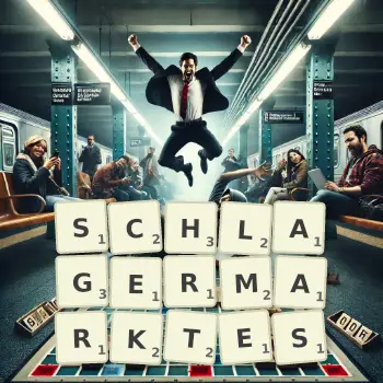 Kreative Illustration für ein Scrabble-Spiel, bei dem das Wort SCHLAGERMARKTES mit Steinen auf dem Brett gelegt wurde.