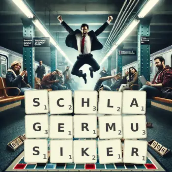 Kreative Illustration für ein Scrabble-Spiel, bei dem das Wort SCHLAGERMUSIKER mit Steinen auf dem Brett gelegt wurde.