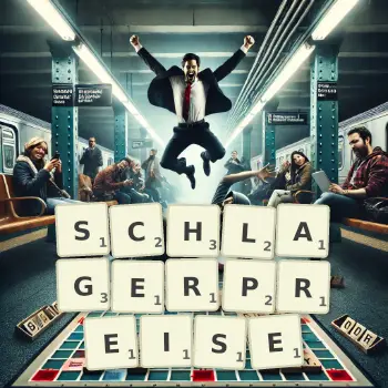 Kreative Illustration für ein Scrabble-Spiel, bei dem das Wort SCHLAGERPREISE mit Steinen auf dem Brett gelegt wurde.