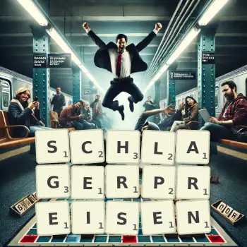 Kreative Illustration für ein Scrabble-Spiel, bei dem das Wort SCHLAGERPREISEN mit Steinen auf dem Brett gelegt wurde.