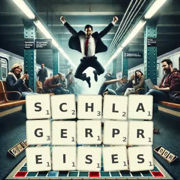 Kreative Illustration für ein Scrabble-Spiel, bei dem das Wort SCHLAGERPREISES mit Steinen auf dem Brett gelegt wurde.