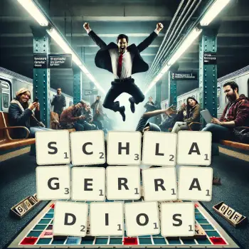 Kreative Illustration für ein Scrabble-Spiel, bei dem das Wort SCHLAGERRADIOS mit Steinen auf dem Brett gelegt wurde.