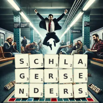Kreative Illustration für ein Scrabble-Spiel, bei dem das Wort SCHLAGERSENDERS mit Steinen auf dem Brett gelegt wurde.