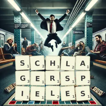 Kreative Illustration für ein Scrabble-Spiel, bei dem das Wort SCHLAGERSPIELES mit Steinen auf dem Brett gelegt wurde.