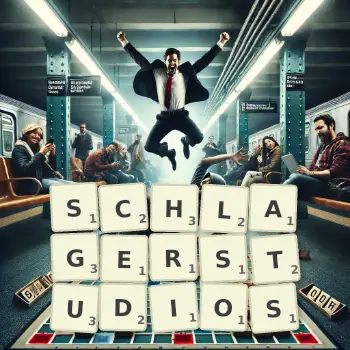 Kreative Illustration für ein Scrabble-Spiel, bei dem das Wort SCHLAGERSTUDIOS mit Steinen auf dem Brett gelegt wurde.