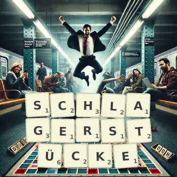 Kreative Illustration für ein Scrabble-Spiel, bei dem das Wort SCHLAGERSTÜCKE mit Steinen auf dem Brett gelegt wurde.