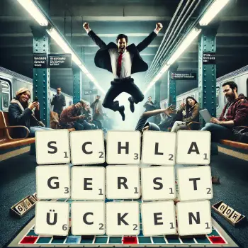Kreative Illustration für ein Scrabble-Spiel, bei dem das Wort SCHLAGERSTÜCKEN mit Steinen auf dem Brett gelegt wurde.