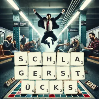 Kreative Illustration für ein Scrabble-Spiel, bei dem das Wort SCHLAGERSTÜCKS mit Steinen auf dem Brett gelegt wurde.