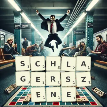 Kreative Illustration für ein Scrabble-Spiel, bei dem das Wort SCHLAGERSZENE mit Steinen auf dem Brett gelegt wurde.