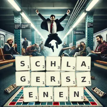 Kreative Illustration für ein Scrabble-Spiel, bei dem das Wort SCHLAGERSZENEN mit Steinen auf dem Brett gelegt wurde.