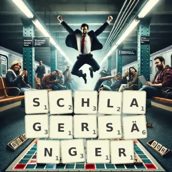 Kreative Illustration für ein Scrabble-Spiel, bei dem das Wort SCHLAGERSÄNGER mit Steinen auf dem Brett gelegt wurde.