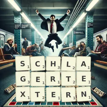 Kreative Illustration für ein Scrabble-Spiel, bei dem das Wort SCHLAGERTEXTERN mit Steinen auf dem Brett gelegt wurde.