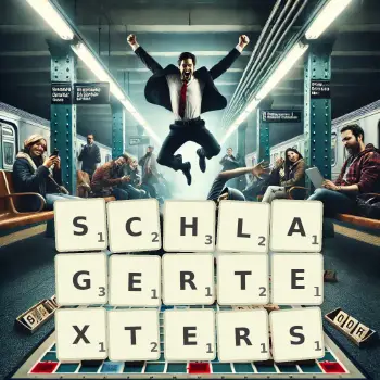 Kreative Illustration für ein Scrabble-Spiel, bei dem das Wort SCHLAGERTEXTERS mit Steinen auf dem Brett gelegt wurde.