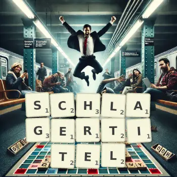 Kreative Illustration für ein Scrabble-Spiel, bei dem das Wort SCHLAGERTITEL mit Steinen auf dem Brett gelegt wurde.