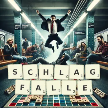 Kreative Illustration für ein Scrabble-Spiel, bei dem das Wort SCHLAGFALLE mit Steinen auf dem Brett gelegt wurde.