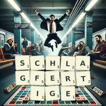 Kreative Illustration für ein Scrabble-Spiel, bei dem das Wort SCHLAGFERTIGE mit Steinen auf dem Brett gelegt wurde.