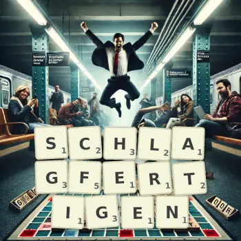 Kreative Illustration für ein Scrabble-Spiel, bei dem das Wort SCHLAGFERTIGEN mit Steinen auf dem Brett gelegt wurde.